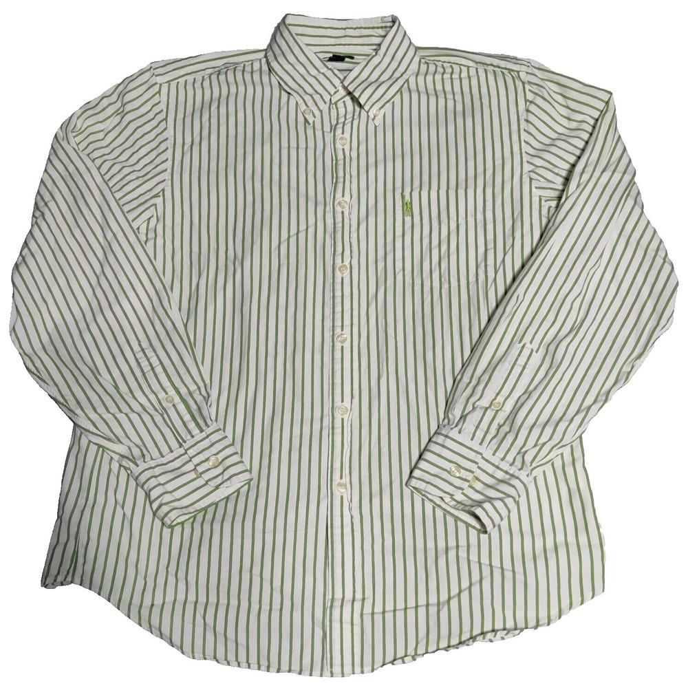 J. CREW Men Large Green Striped Embroidered TIki Torch Logo Button Shirt